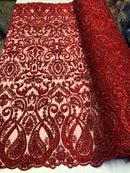 Red Beaded Fabric Embroidered On A Mesh Fancy Dresses Fabric Sold By The Yard