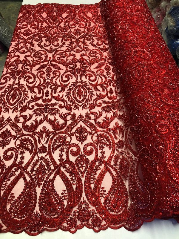 Red Beaded Fabric Embroidered On A Mesh Fancy Dresses Fabric Sold By The Yard