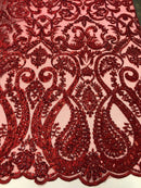 Red Beaded Fabric Embroidered On A Mesh Fancy Dresses Fabric Sold By The Yard