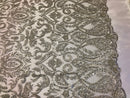 Silver Beaded Fabric Embroidered On A Mesh Fancy Dresses Fabric Sold By The Yard