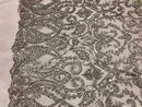 Silver Beaded Fabric Embroidered On A Mesh Fancy Dresses Fabric Sold By The Yard