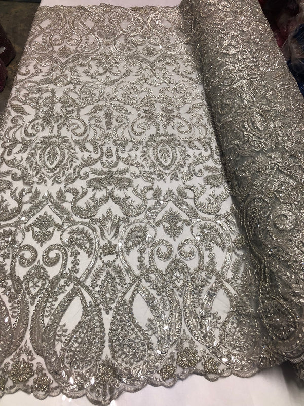 Silver Beaded Fabric Embroidered On A Mesh Fancy Dresses Fabric Sold By The Yard