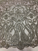 Silver Beaded Fabric Embroidered On A Mesh Fancy Dresses Fabric Sold By The Yard
