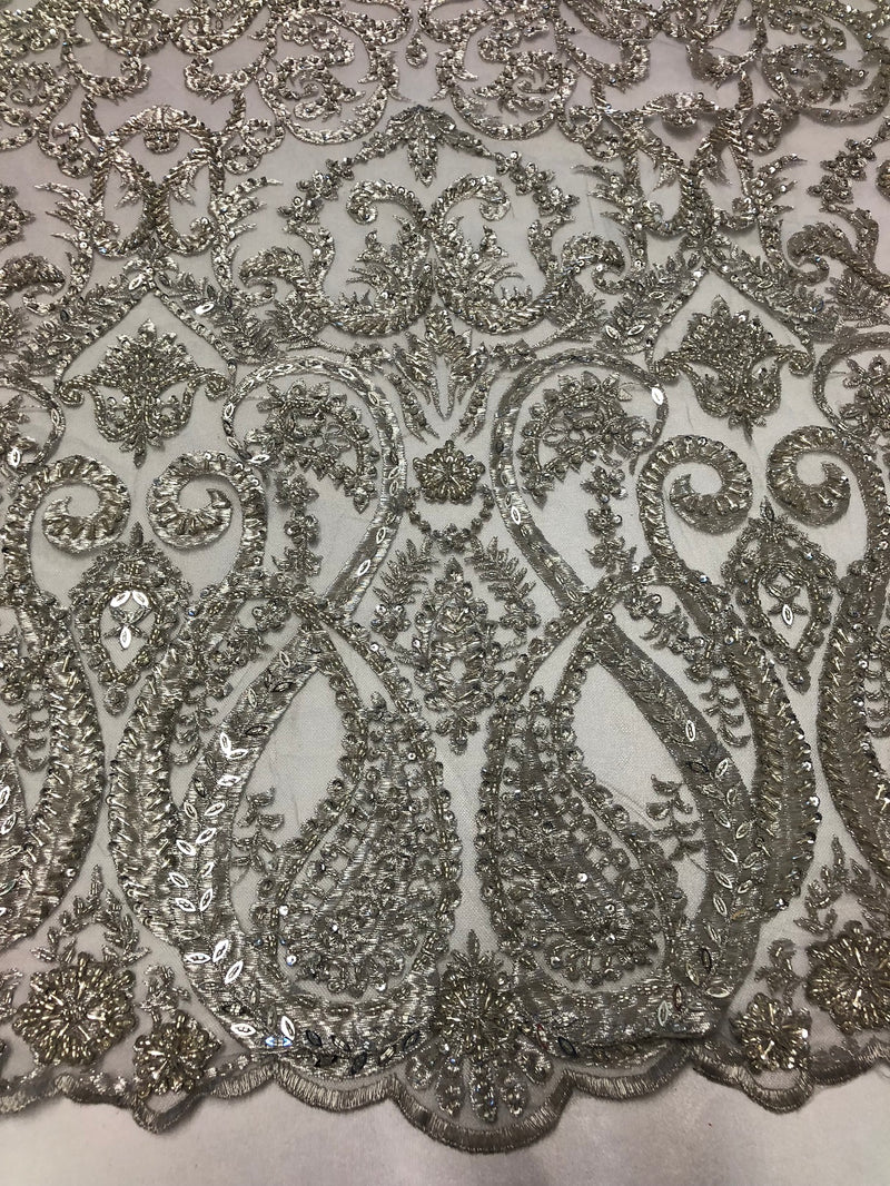 Silver Beaded Fabric Embroidered On A Mesh Fancy Dresses Fabric Sold By The Yard