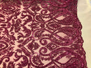 Magenta Beaded Fabric Embroidered On A Mesh Fancy Dresses Fabric Sold By The Yard