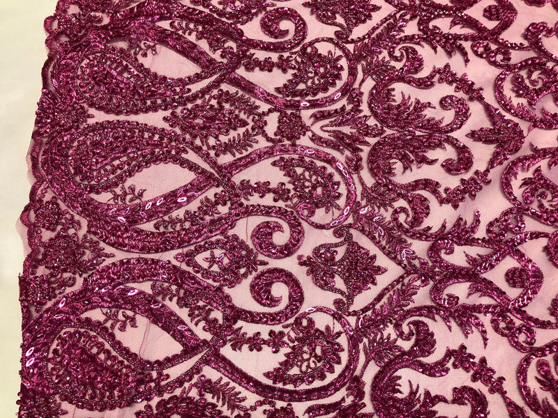 Magenta Beaded Fabric Embroidered On A Mesh Fancy Dresses Fabric Sold By The Yard