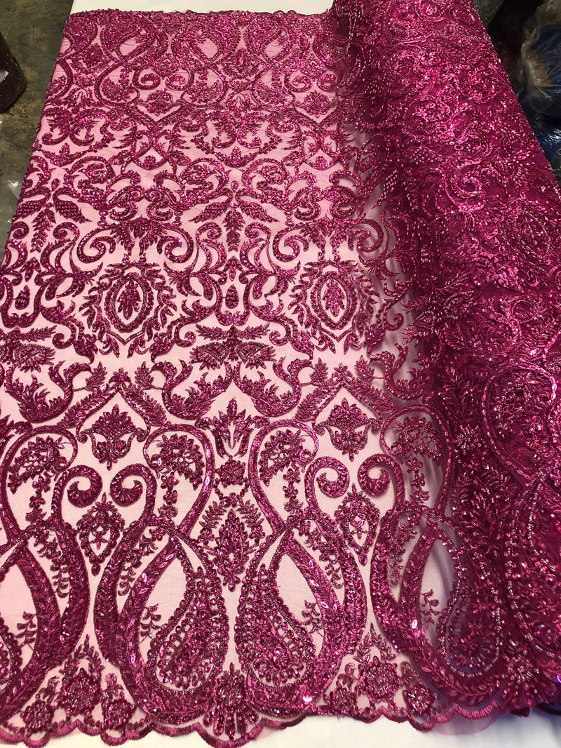 Magenta Beaded Fabric Embroidered On A Mesh Fancy Dresses Fabric Sold By The Yard