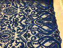 Royal Blue Beaded Fabric Embroidered On A Mesh Fancy Dresses Fabric Sold By The Yard