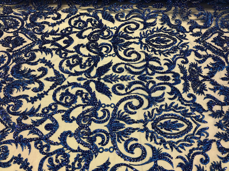 Royal Blue Beaded Fabric Embroidered On A Mesh Fancy Dresses Fabric Sold By The Yard