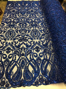 Royal Blue Beaded Fabric Embroidered On A Mesh Fancy Dresses Fabric Sold By The Yard