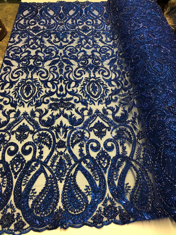 Royal Blue Beaded Fabric Embroidered On A Mesh Fancy Dresses Fabric Sold By The Yard