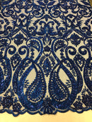 Royal Blue Beaded Fabric Embroidered On A Mesh Fancy Dresses Fabric Sold By The Yard