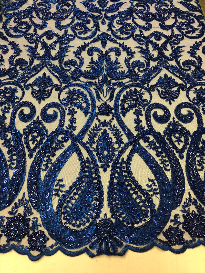Royal Blue Beaded Fabric Embroidered On A Mesh Fancy Dresses Fabric Sold By The Yard