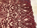 Burgundy Beaded Fabric Embroidered On A Mesh Lace Fancy Dress Fabric Sold By The Yard
