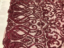 Burgundy Beaded Fabric Embroidered On A Mesh Lace Fancy Dress Fabric Sold By The Yard