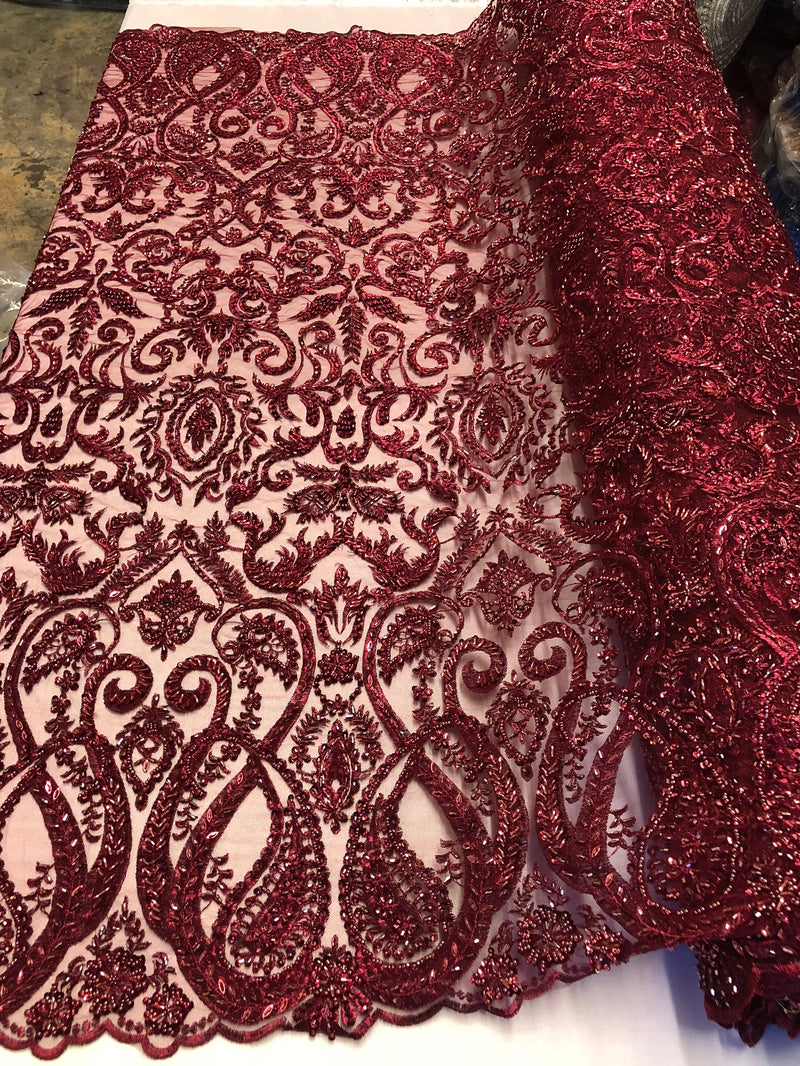 Burgundy Beaded Fabric Embroidered On A Mesh Lace Fancy Dress Fabric Sold By The Yard