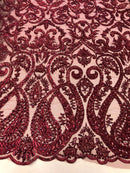 Burgundy Beaded Fabric Embroidered On A Mesh Lace Fancy Dress Fabric Sold By The Yard