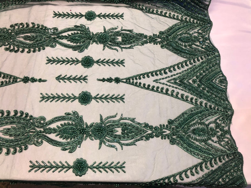 Hunter Green Beaded Fabric Embroidered Lace Pearls On A Mesh Bridal/Wedding Fabrics Sold By The Yard