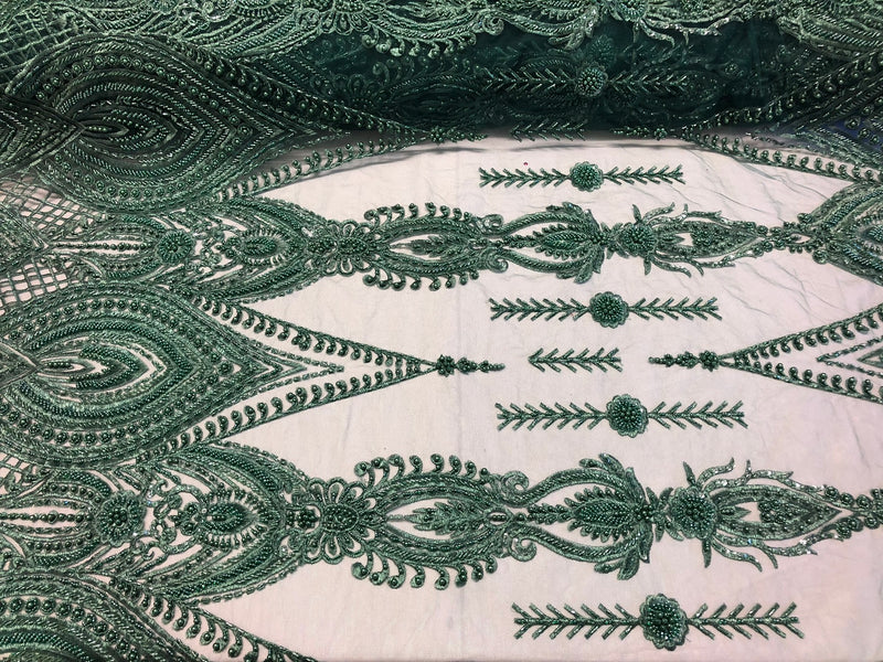 Hunter Green Beaded Fabric Embroidered Lace Pearls On A Mesh Bridal/Wedding Fabrics Sold By The Yard