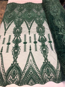 Hunter Green Beaded Fabric Embroidered Lace Pearls On A Mesh Bridal/Wedding Fabrics Sold By The Yard