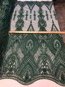 Hunter Green Beaded Fabric Embroidered Lace Pearls On A Mesh Bridal/Wedding Fabrics Sold By The Yard