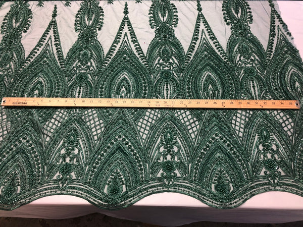 Hunter Green Beaded Fabric Embroidered Lace Pearls On A Mesh Bridal/Wedding Fabrics Sold By The Yard