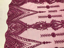 Magenta Beaded Fabric Embroidered Lace Pearls On A Mesh Bridal/Wedding Fabrics Sold By The Yard