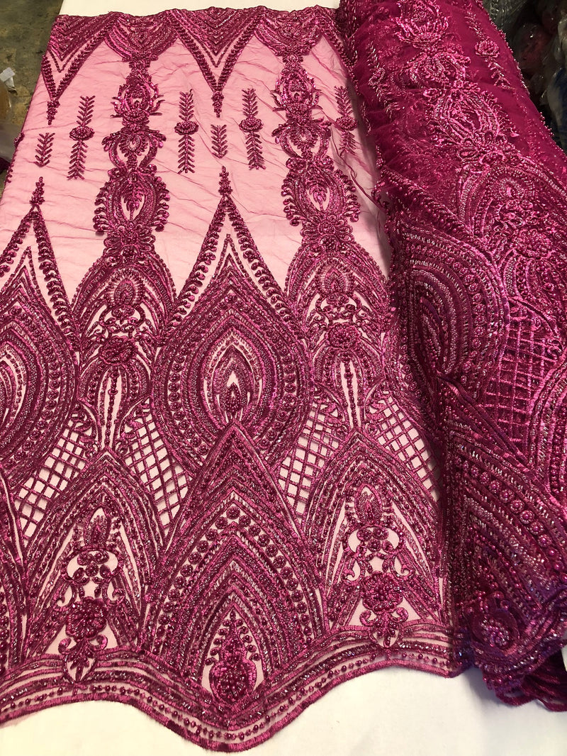 Magenta Beaded Fabric Embroidered Lace Pearls On A Mesh Bridal/Wedding Fabrics Sold By The Yard