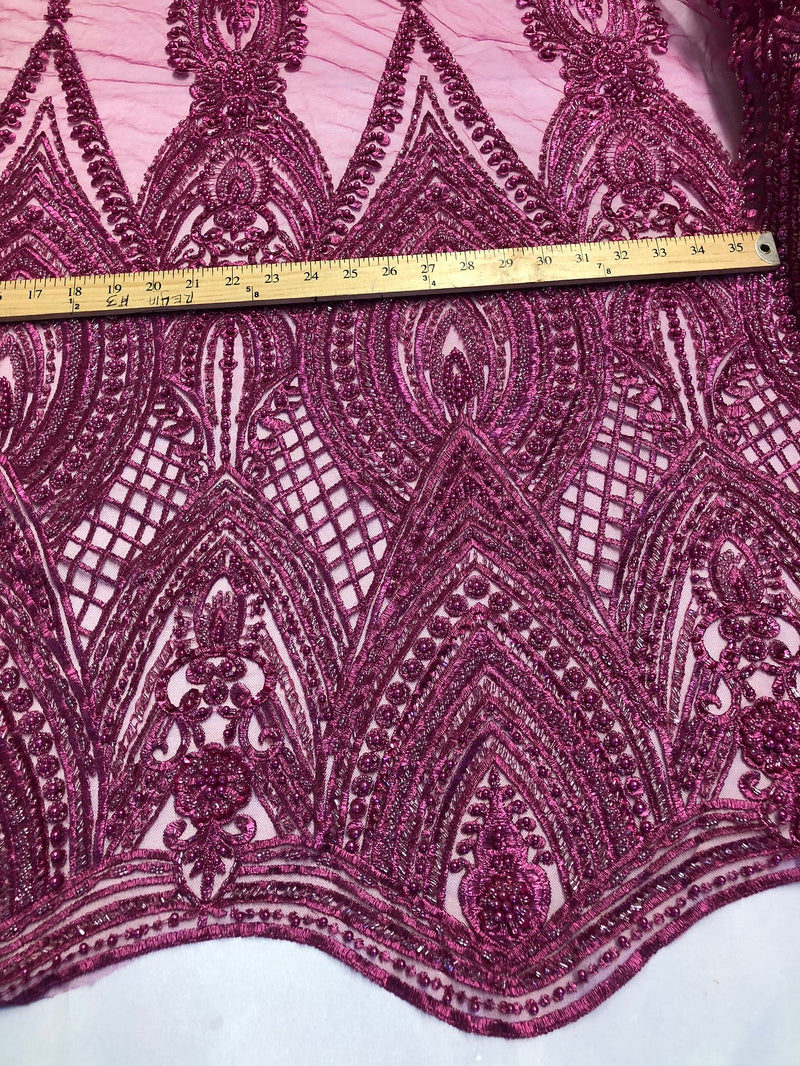 Magenta Beaded Fabric Embroidered Lace Pearls On A Mesh Bridal/Wedding Fabrics Sold By The Yard