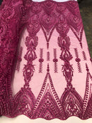 Magenta Beaded Fabric Embroidered Lace Pearls On A Mesh Bridal/Wedding Fabrics Sold By The Yard