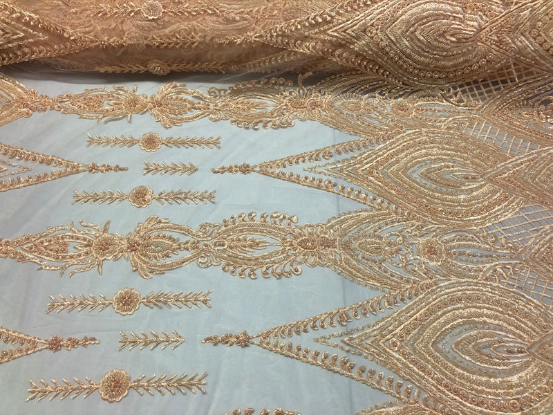 Blush Beaded Fabric Embroidered Lace Pearls On A Mesh Bridal/Wedding Fabrics Sold By The Yard