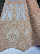 Blush Beaded Fabric Embroidered Lace Pearls On A Mesh Bridal/Wedding Fabrics Sold By The Yard