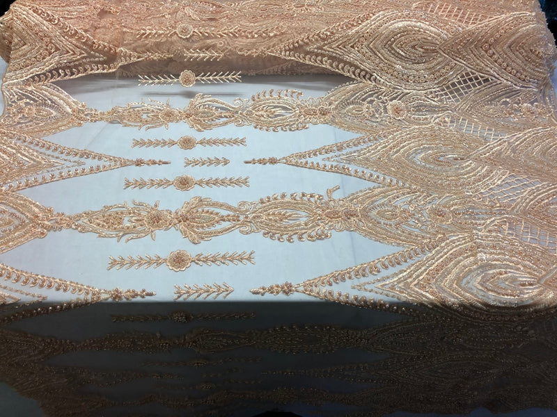 Blush Beaded Fabric Embroidered Lace Pearls On A Mesh Bridal/Wedding Fabrics Sold By The Yard