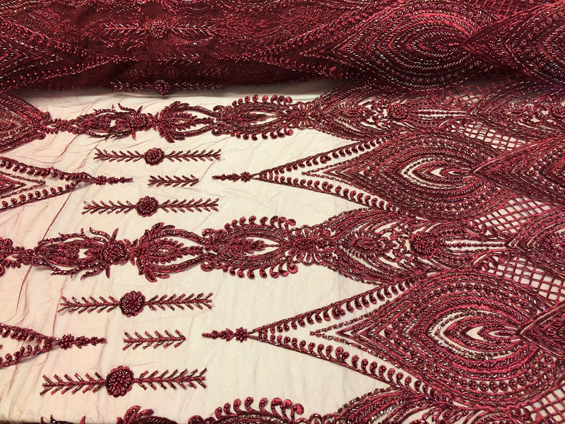 Burgundy Beaded Fabric Embroidered Lace Pearls On A Mesh Bridal/Wedding Fabrics Sold By The Yard