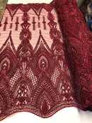 Burgundy Beaded Fabric Embroidered Lace Pearls On A Mesh Bridal/Wedding Fabrics Sold By The Yard