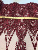Burgundy Beaded Fabric Embroidered Lace Pearls On A Mesh Bridal/Wedding Fabrics Sold By The Yard