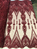 Burgundy Beaded Fabric Embroidered Lace Pearls On A Mesh Bridal/Wedding Fabrics Sold By The Yard