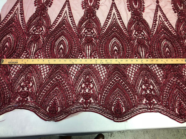 Burgundy Beaded Fabric Embroidered Lace Pearls On A Mesh Bridal/Wedding Fabrics Sold By The Yard