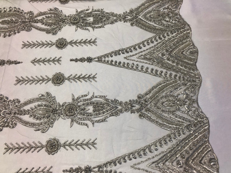 Silver Beaded Fabric Embroidered Lace Pearls On A Mesh Bridal/Wedding Fabrics Sold By The Yard