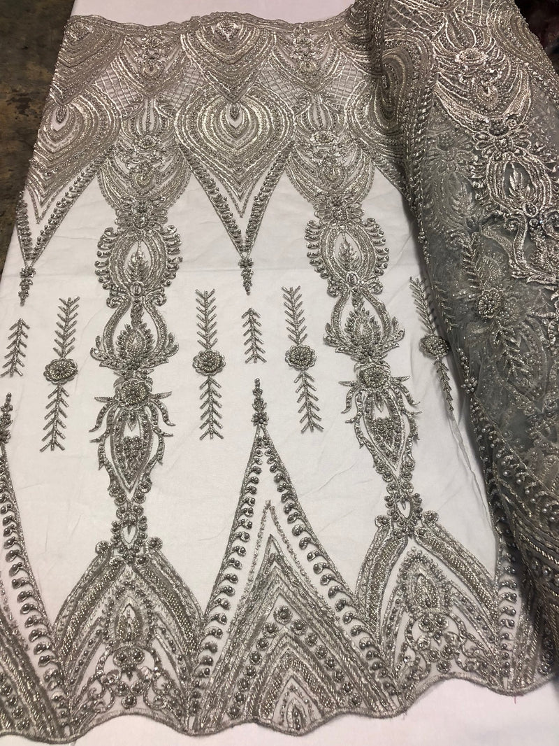 Silver Beaded Fabric Embroidered Lace Pearls On A Mesh Bridal/Wedding Fabrics Sold By The Yard