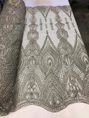 Silver Beaded Fabric Embroidered Lace Pearls On A Mesh Bridal/Wedding Fabrics Sold By The Yard