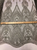 Silver Beaded Fabric Embroidered Lace Pearls On A Mesh Bridal/Wedding Fabrics Sold By The Yard