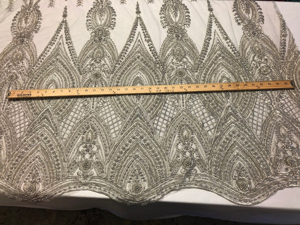 Silver Beaded Fabric Embroidered Lace Pearls On A Mesh Bridal/Wedding Fabrics Sold By The Yard