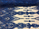 Royal Blue Beaded Fabric Embroidered Lace Pearls On A Mesh Bridal/Wedding Fabrics Sold By The Yard