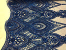 Royal Blue Beaded Fabric Embroidered Lace Pearls On A Mesh Bridal/Wedding Fabrics Sold By The Yard