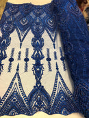Royal Blue Beaded Fabric Embroidered Lace Pearls On A Mesh Bridal/Wedding Fabrics Sold By The Yard