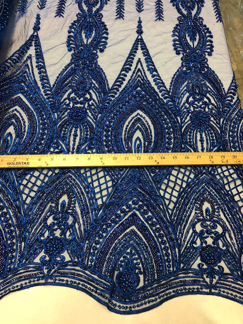 Royal Blue Beaded Fabric Embroidered Lace Pearls On A Mesh Bridal/Wedding Fabrics Sold By The Yard