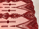 Red Beaded Fabric Embroidered Lace Pearls On A Mesh Bridal/Wedding Fabrics Sold By The Yard
