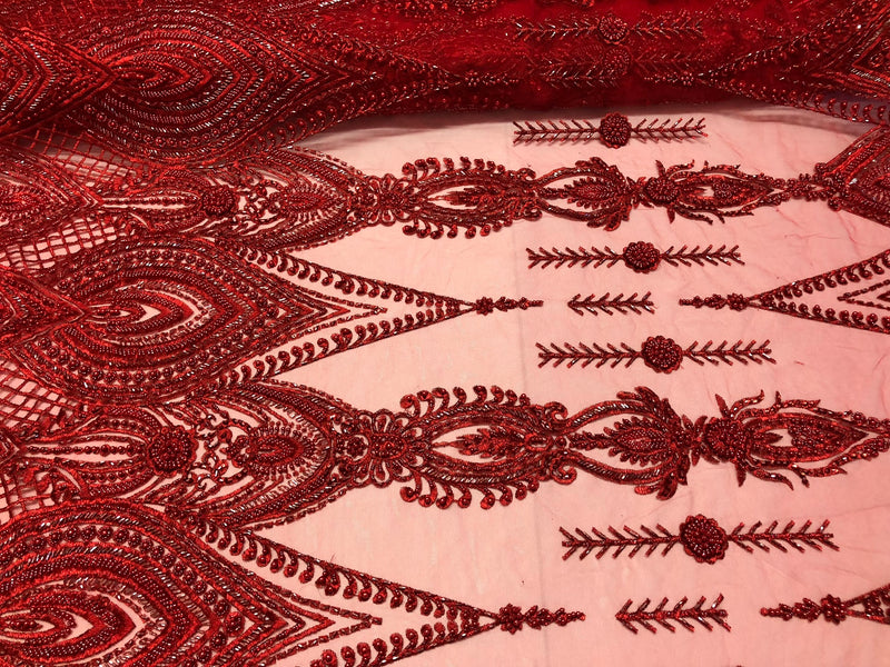 Red Beaded Fabric Embroidered Lace Pearls On A Mesh Bridal/Wedding Fabrics Sold By The Yard