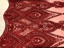Red Beaded Fabric Embroidered Lace Pearls On A Mesh Bridal/Wedding Fabrics Sold By The Yard